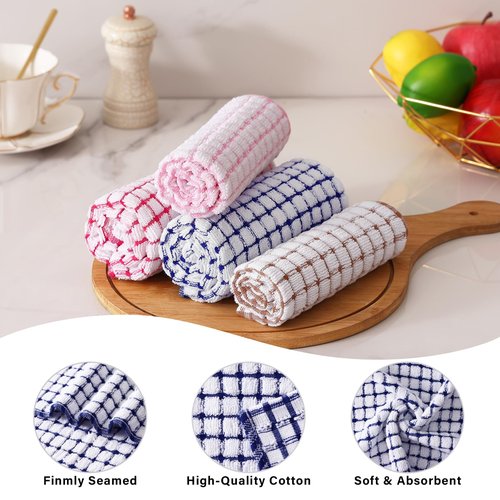 Homaxy Kitchen Towels and Dishcloths Set, 16 x 25 and 12 x 12 Inches, Set of 8 Cotton Terry Kitchen Dish Towels, Super Soft and Absorbent Dish Cloths, Blue/Pink/Red/Brown