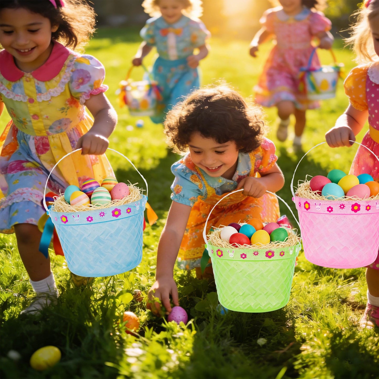 Zcaukya Easter Buckets, 3 Packs Clear Plastic Kids Easter Baskets with Handles, Empty Plastic Easter Pails for Easter Egg Hunt Party Favors, Green, Blue, Pink