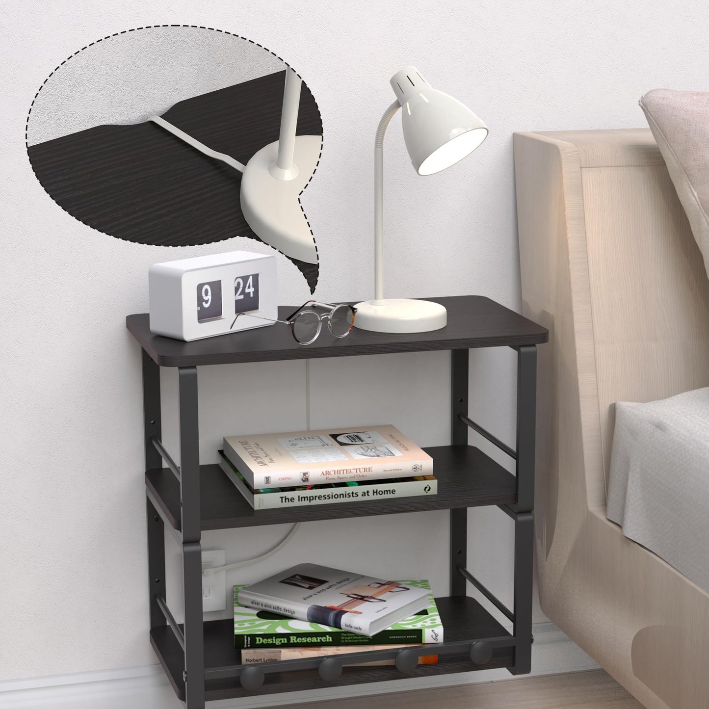 ANYHI Wall Mounted Three-Tier Floating Shelves for Living Room/Bedroom/Kitchen/Bathroom, Wood Floating Shelf with 4 Hooks for Books/Storage/Decor, Bedside Shelves, Black Nightstand