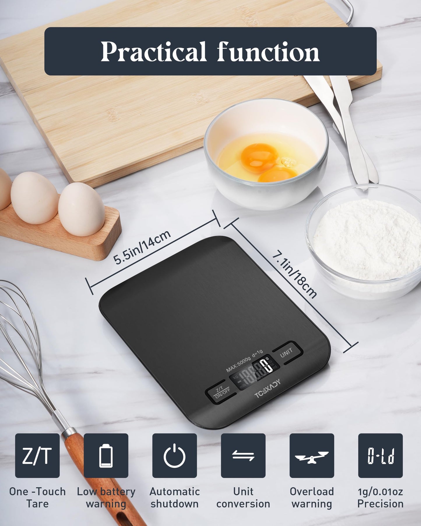Tcsxady Food Scale, 11lb Kitchen Scale with 6 Units LCD Display and Tare Function, 0.05oz/1g Digital Kitchen Scale Compact Design for Baking, Healthy Cooking, Meal Prep, 304 Stainless Steel Black