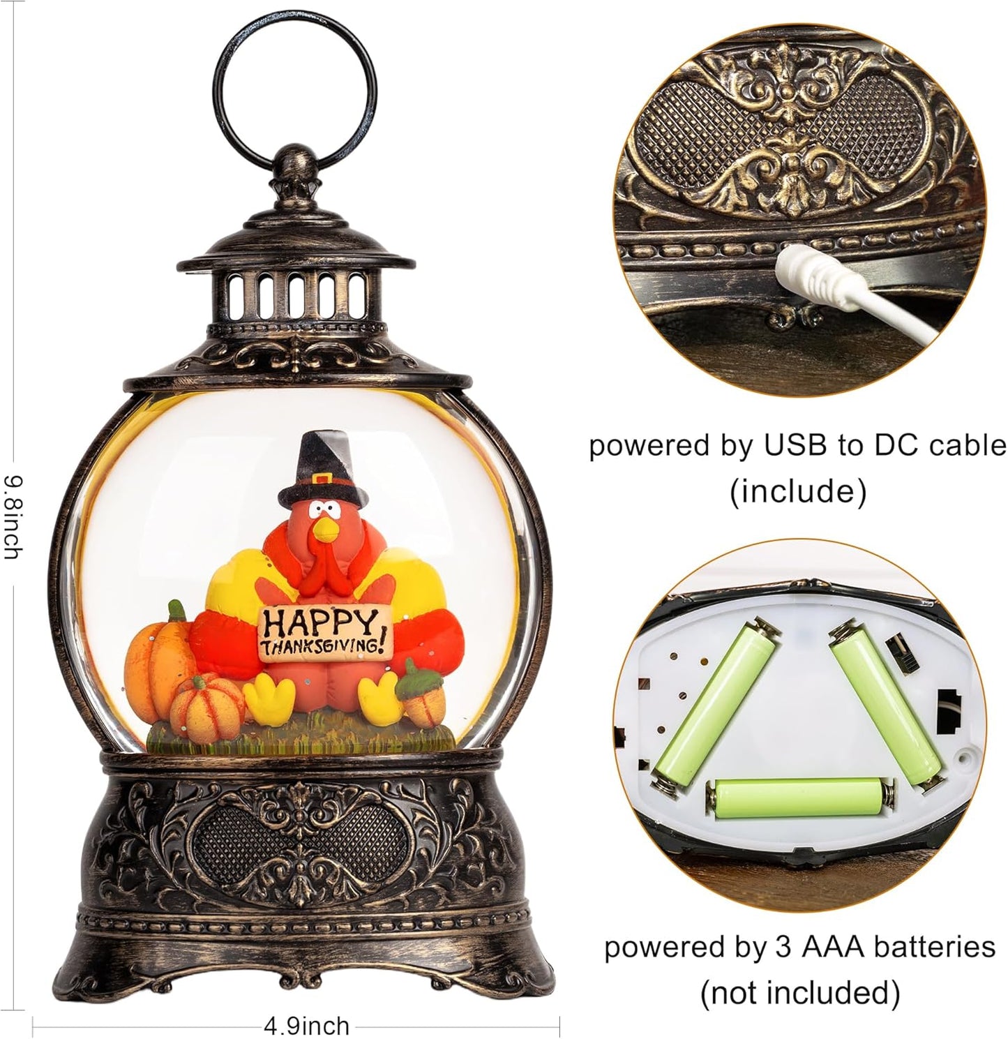 Skiennix Snow Globe | Thanksgiving Water Lantern with Swirling Glitter - Autumn Harvest Decor (Turkey & Pumpkins)