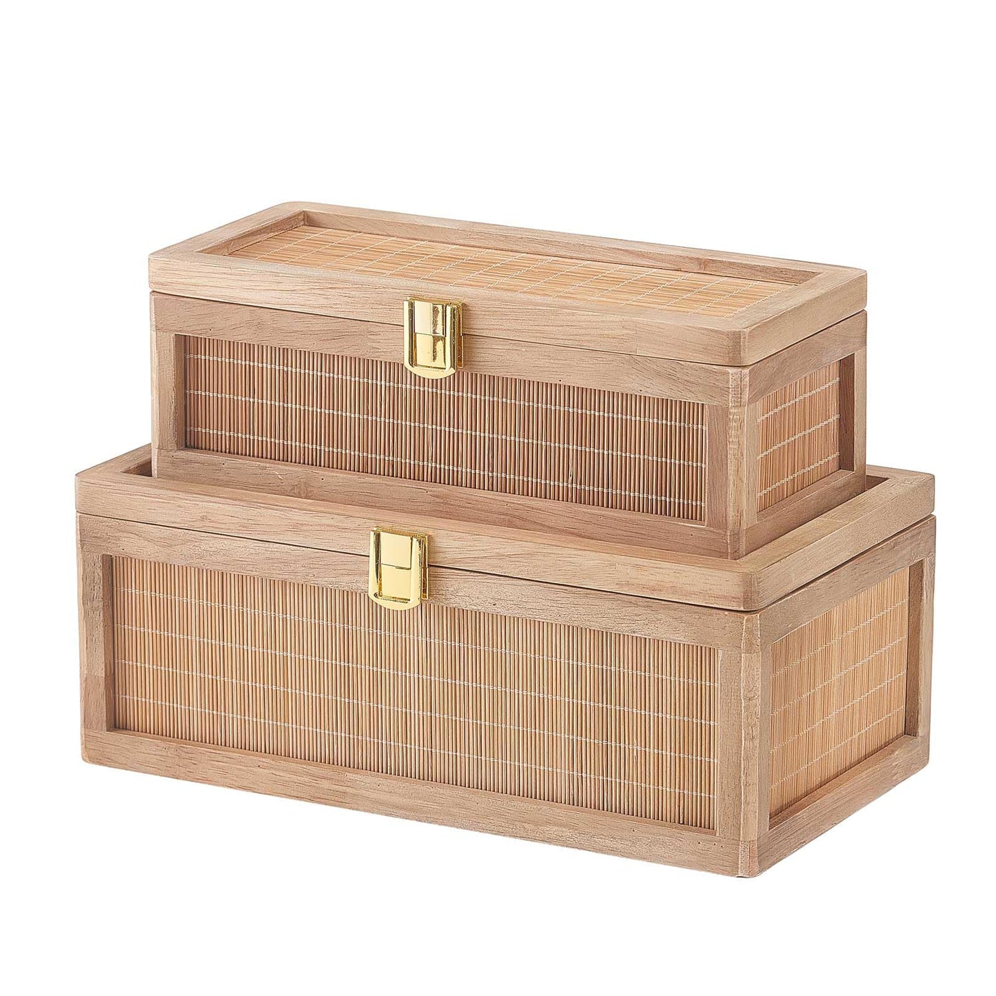 HuiDao Rattan Decorative Box, Boho Display Boxes with Lids, Set of 2 Rectangular Wicker Storage Basket, Natural Woven Cane Bins for Home Decor (Rectangular)