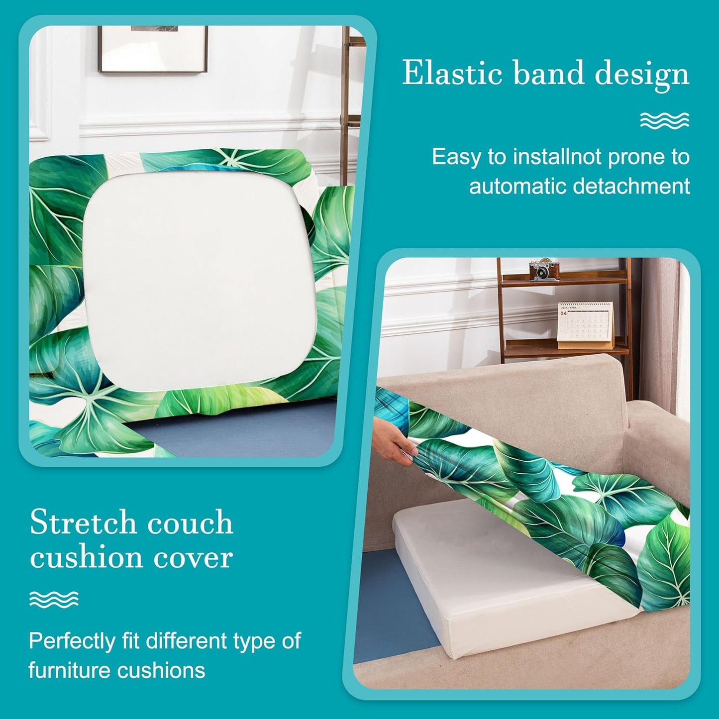 Skiennix 12 Pcs Stretch Patio Cushion Covers - Washable Green Leaf Slipcovers for Outdoor Furniture