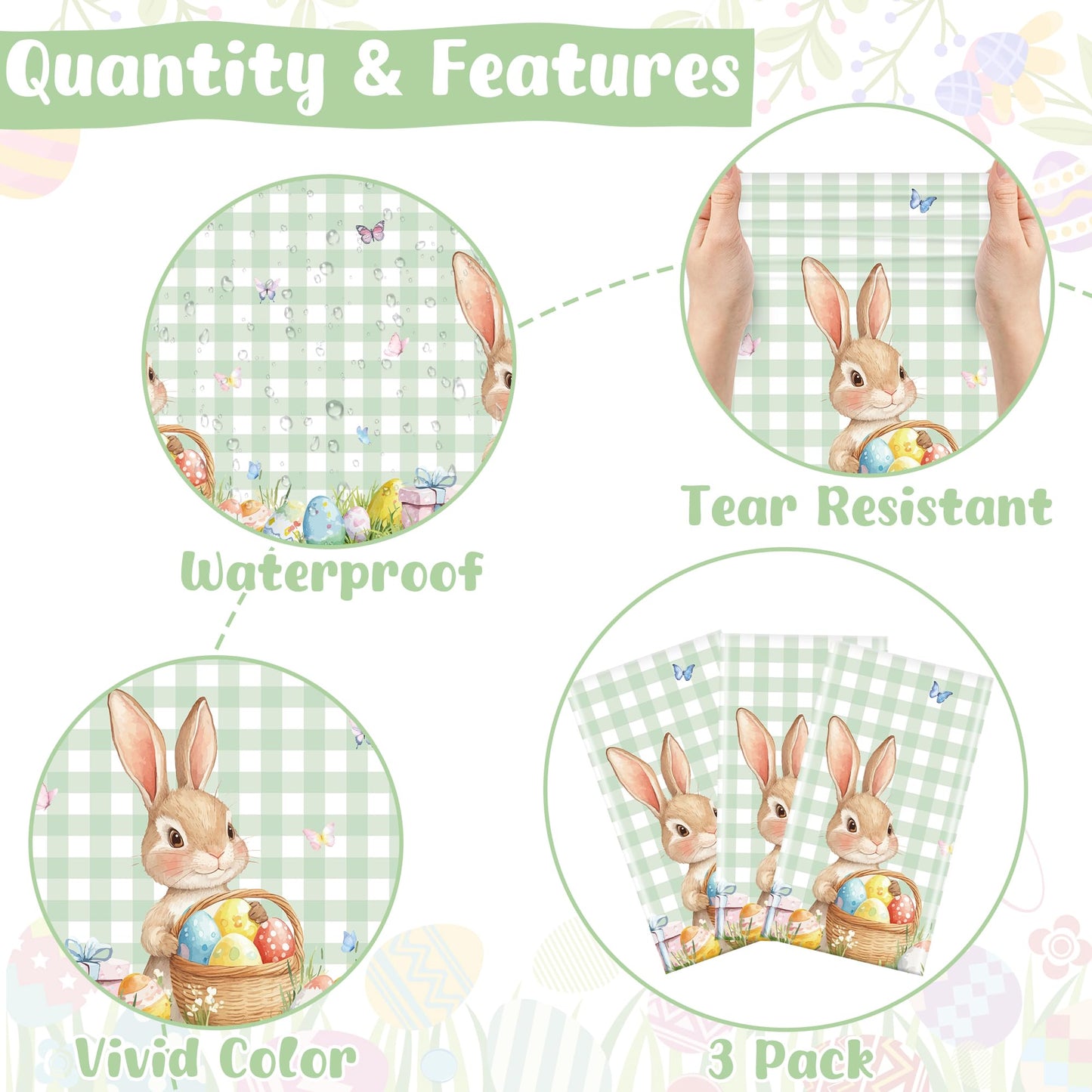 QZYL 3 Pack Easter Tablecloths, 54" x 108" Disposable Easter Decorations, Sage Green Bunny Plaid Spring Tablecloth, Rectangle Plastic Easter Table Cloth with Easter Party Decorations Supplies Favors