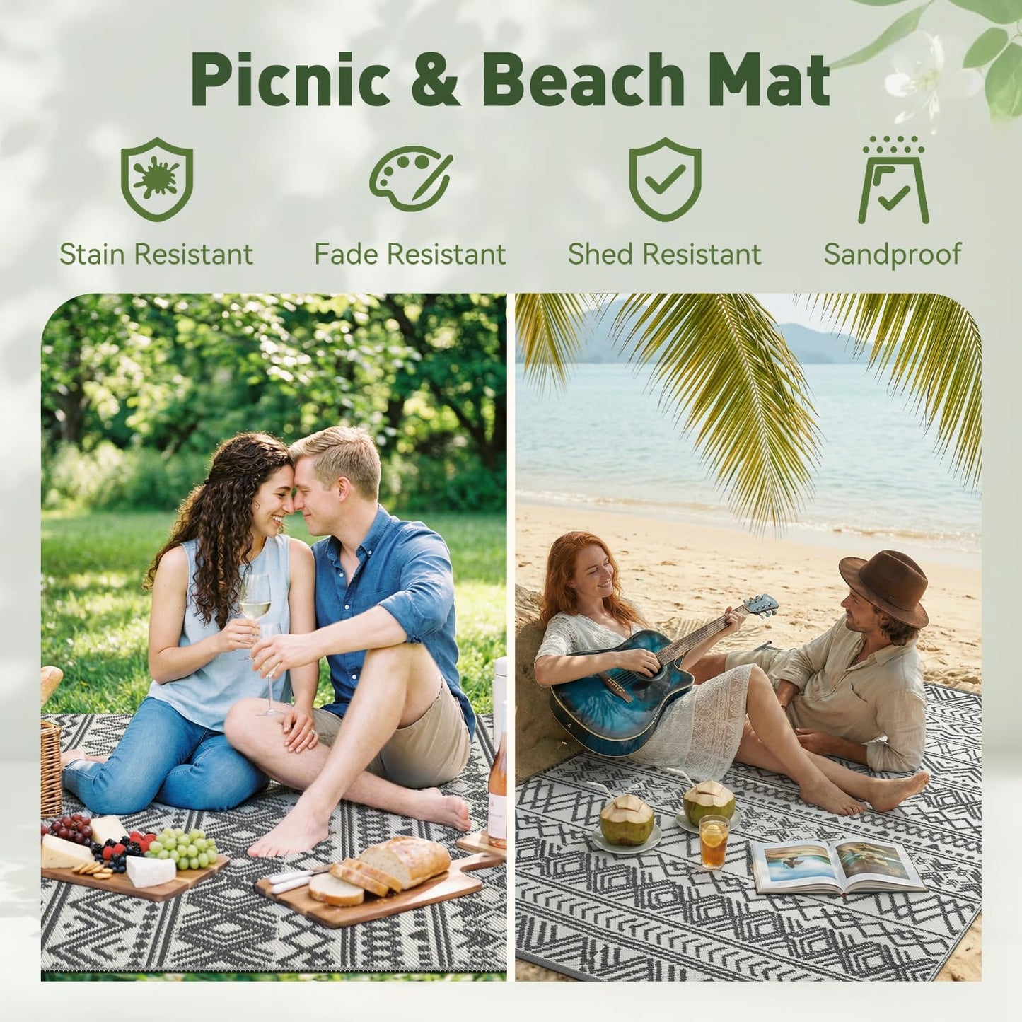 MontVoo Outdoor Rug - Waterproof Reversible 5x8 Patio Mat for RV, Camping, Beach, Boho Grey