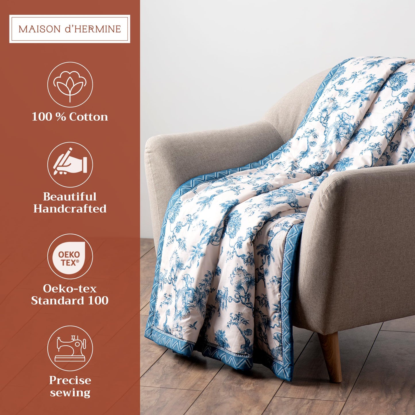 Maison d' Hermine Throw Blanket for Couch Lightweight Soft Warm Breathable Cotton Throw Blankets for Bed Girls Boys Women Men Sofa Living Room Gifts for Mothers Day (50'' X 60'', Bonobo - Blue)