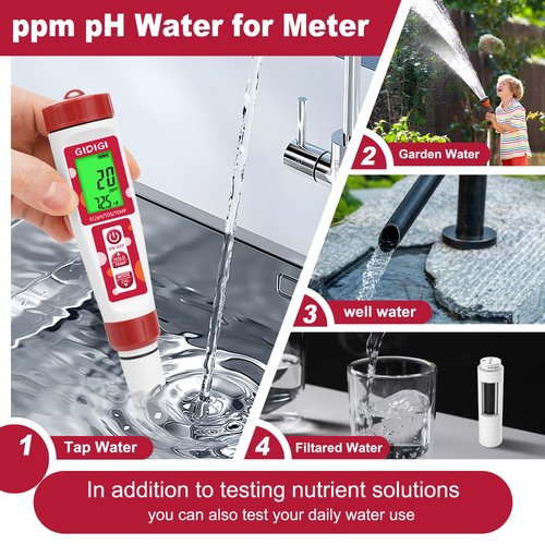 GIDIGI pH Meter for Water, 4 in 1 EC PPM Temp pH Tester for Hydroponic, TDS Water Tester for Drinking Water, Digital pH Meter with Backlit & ATC for Hydroponic Nutrient, Pool, Aquarium, Home Use