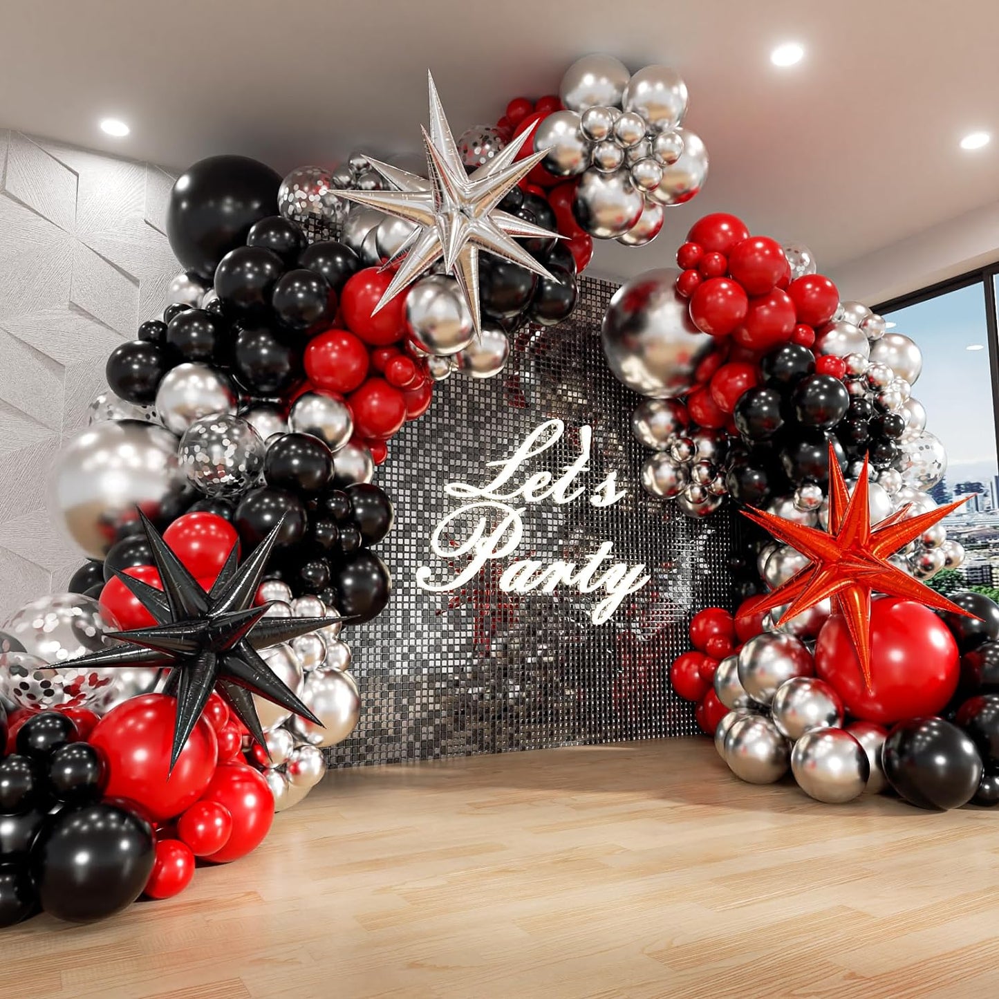 Red & Black Balloon Arch Kit - 3 Star Balloons & Garland for Birthday, Graduation & New Year Celebrations