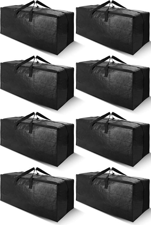Cosy Family Extra Large Moving Bags - 8 Pack with Strong Handles, Zippers & Backpack Straps | Space-Saving Storage Totes (Black)