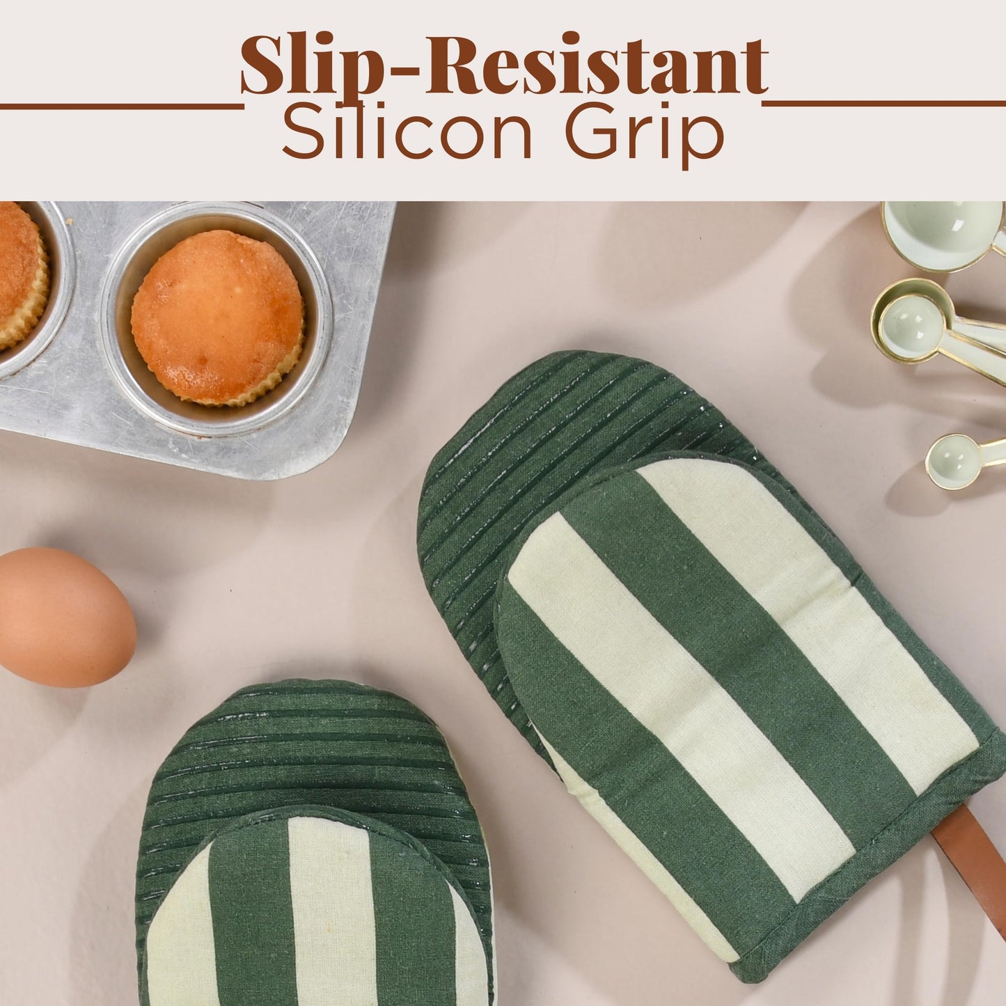 Folkulture Oven Mitts - Set of 2 (5.75"x9") | Oven Mitts with Hanging Loop for Cooking Gifts for Women, Kitchen Decor| 100% Cotton, Silicone Heat Resistant Mini Mitts - House Warming Gifts (Matcha)