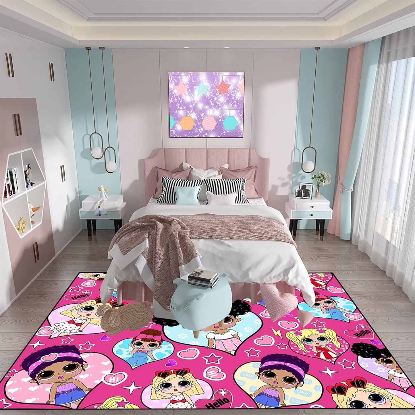 Girls Rugs for Bedroom Cute Black Girls Rugs for Living Room Large Pink Sofa Floor Mats Room Decor, 5x7 Feet