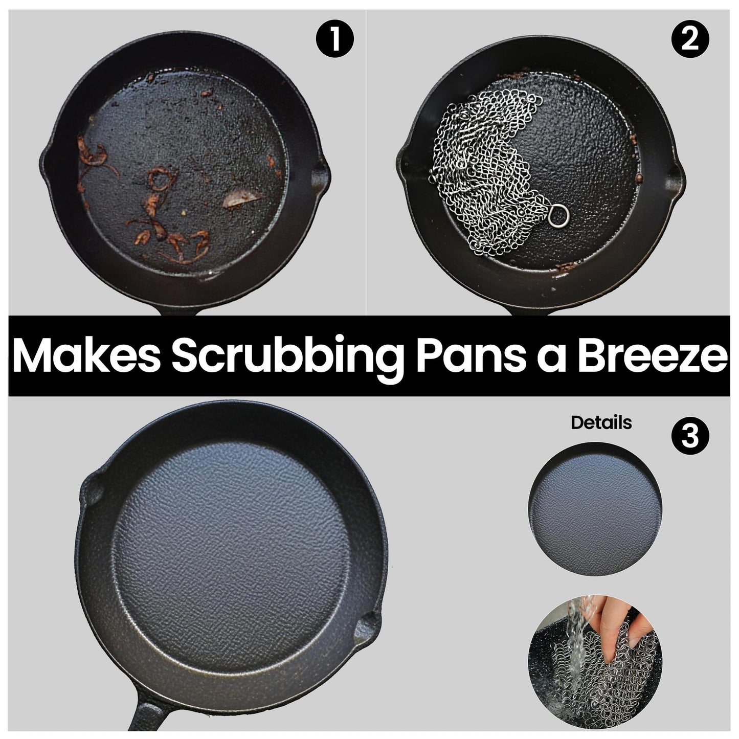 TOPULORS Cast Iron Scrubber 316 Stainless Steel Skillet Cleaner 8"x6" Chainmail Scrubber Scraper Chain Mail Link Scrub for Cast Iron Pre-Seasoned Pans, Griddles, BBQ Grills, and Pot Cookware Cleaning