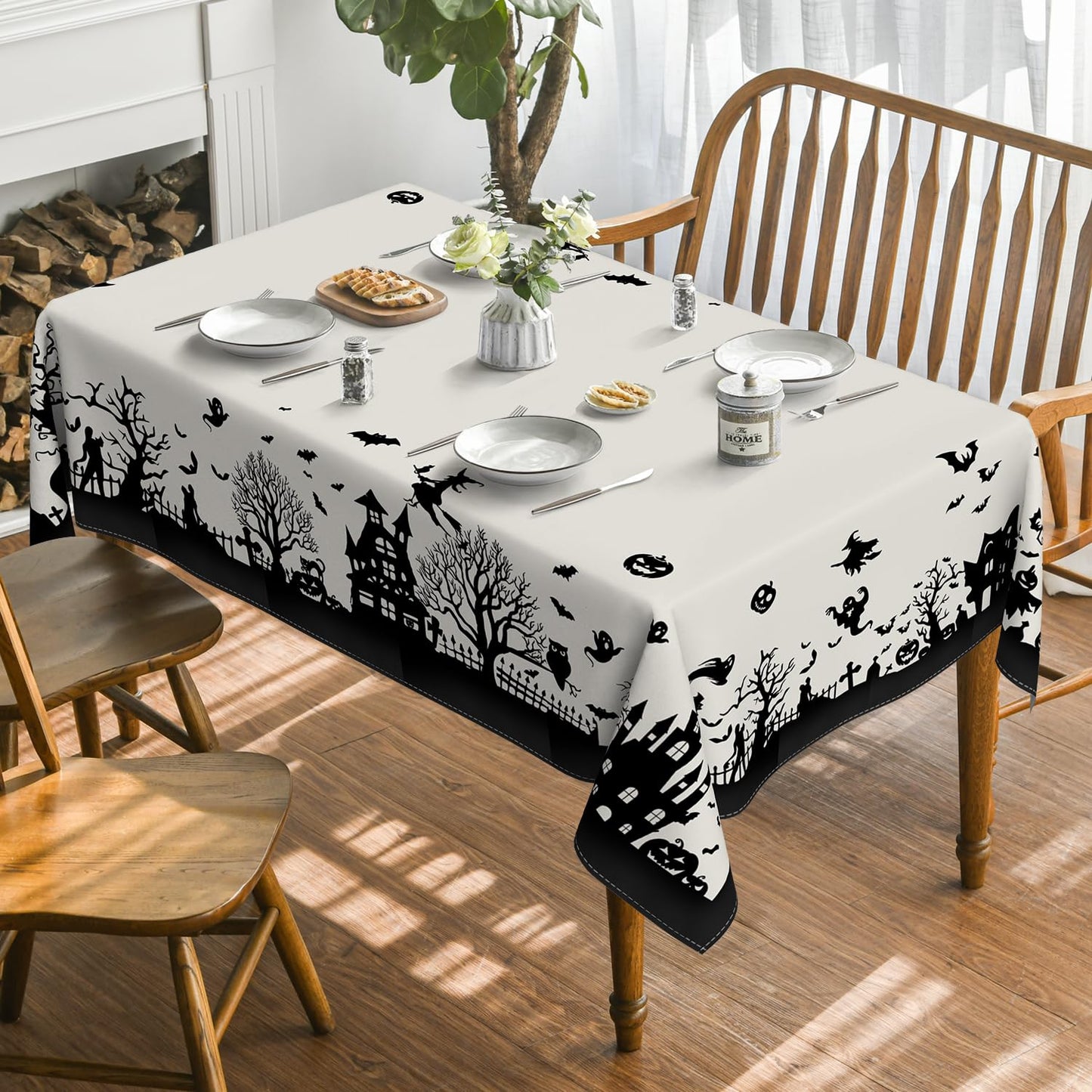 Horaldaily Halloween Tablecloth 52×70 Inch Rectangular, Castle Tree Scary Themed Washable Table Cover for Party Picnic Dinner Decor