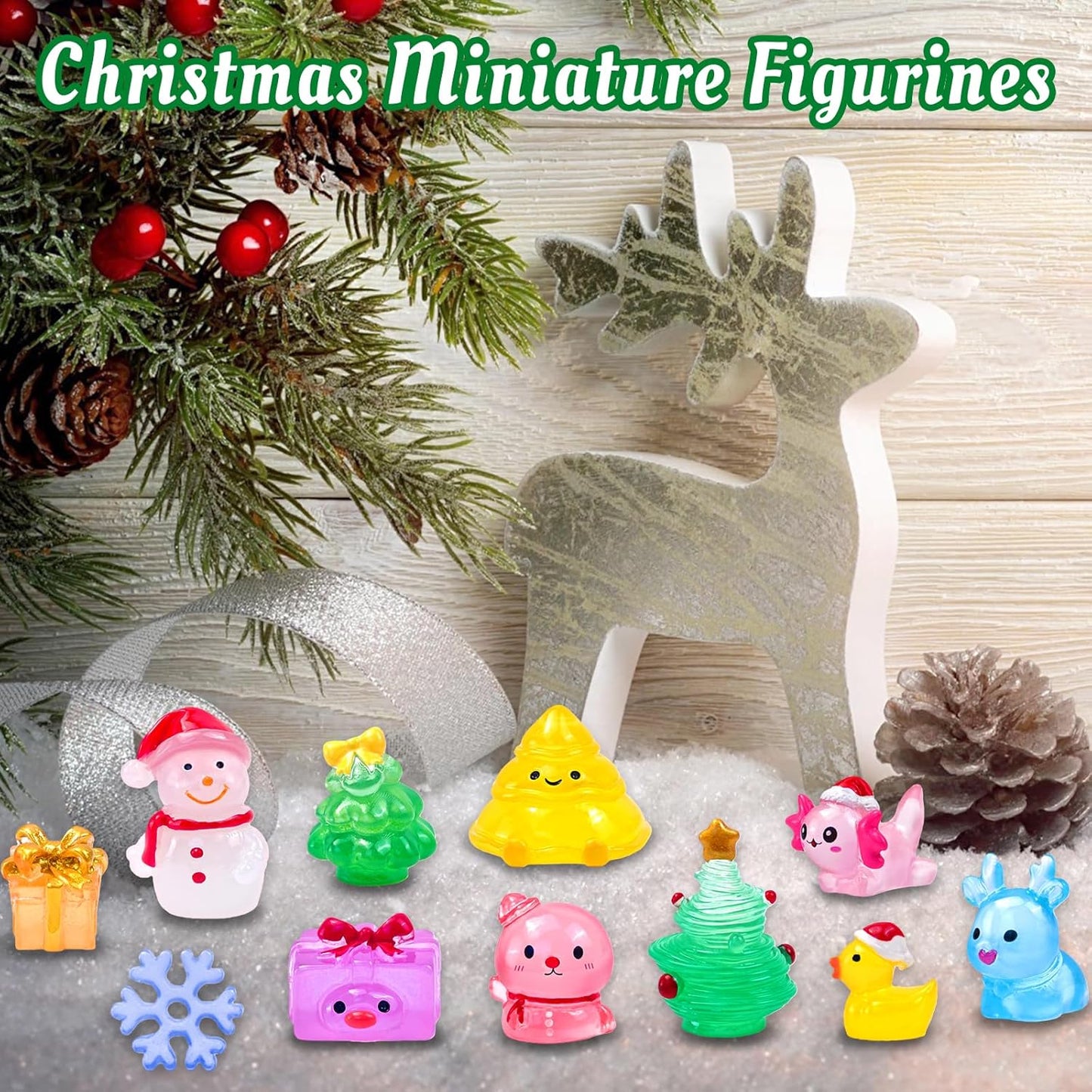 Skiennix 52 Pcs Luminous Mini Christmas Figurines - Glow in The Dark Resin Snowman Set for Holiday Decor