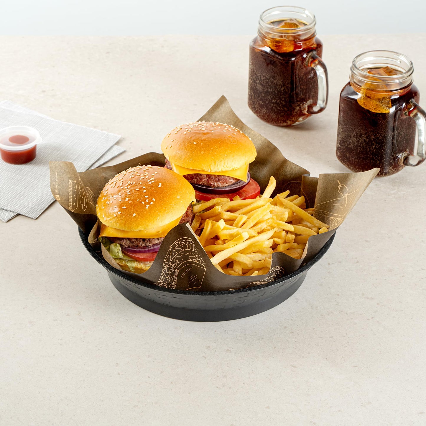 Restaurantware Round Serving Baskets 10 Pack of 10.47 x 2.17 Inch with Base Drainage Slots Microwavable Dishwashable Stackable Plastic Black Food Serving Trays for Restaurants and Catering