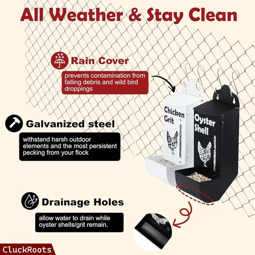 CluckRoots Chicken Grit & Oyster Shell Feeder Combo - No-Spill Heavy-Duty Wall-Mounted Dispenser