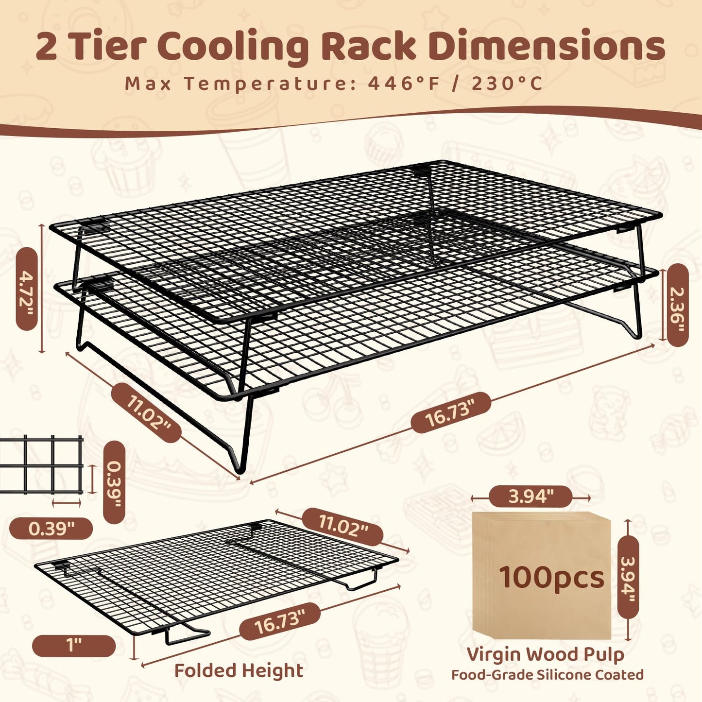 Vehookin 2 Tier Stackable Cooling Rack for Cooking and Baking, Wire Rack for Baking Sheet w/100 Parchment Papers, 16.7" x 11" Cookie Cooling Rack for Pizza, Bread,Cake,Veggie,Jerky, Drying Baking Rack