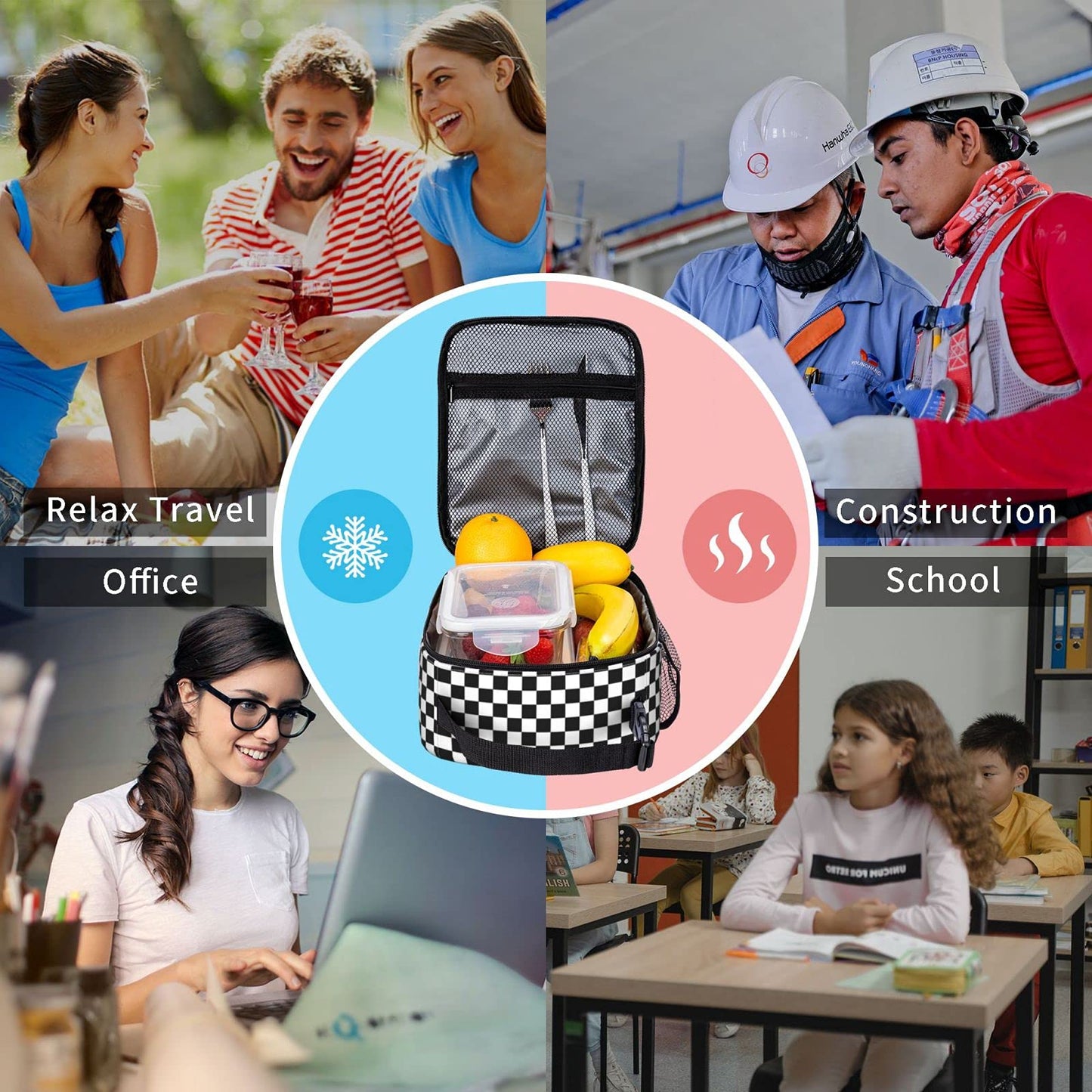 NKHFNBIO Black White Checkerboard Insulated Lunch Box Bag Portable Lunch Tote For Women Men And Kids