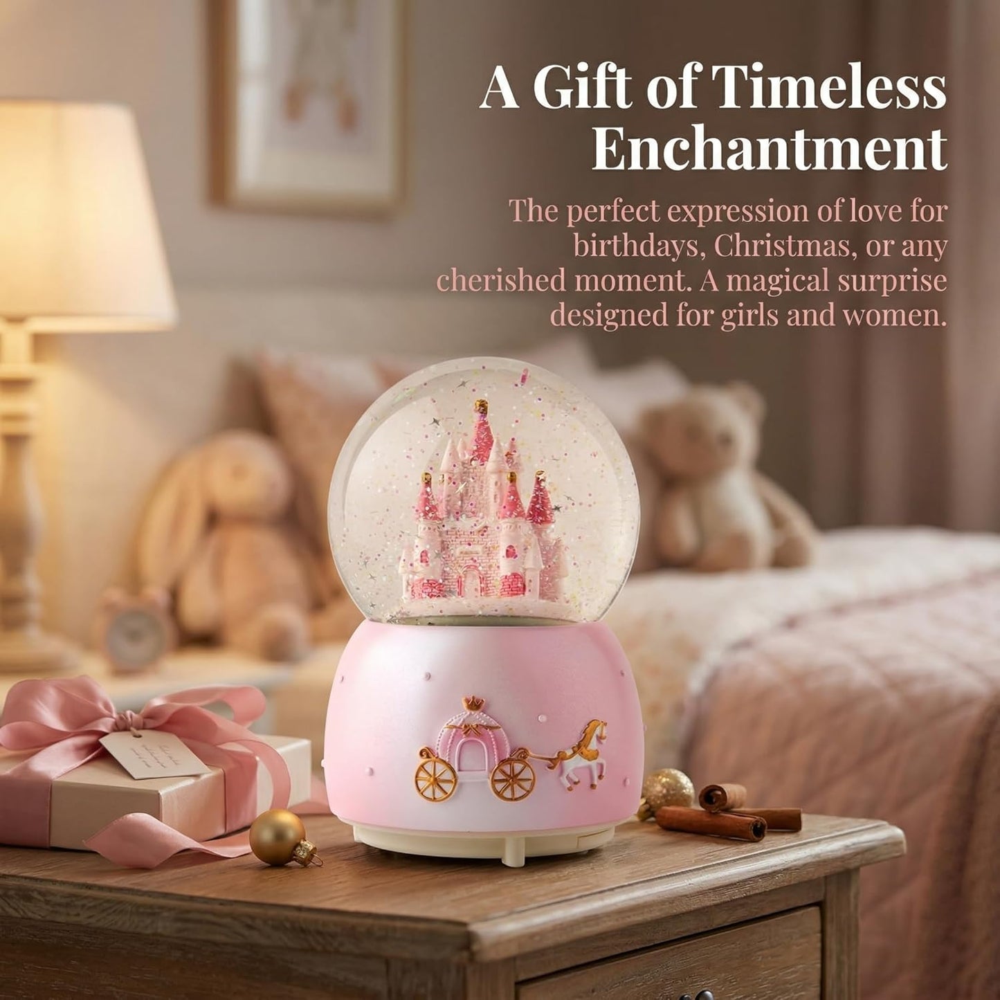 Skiennix Music Box - Crystal Carousel Rotating Unicorn Snow Globe with Colorful LED Light | Castle Pink