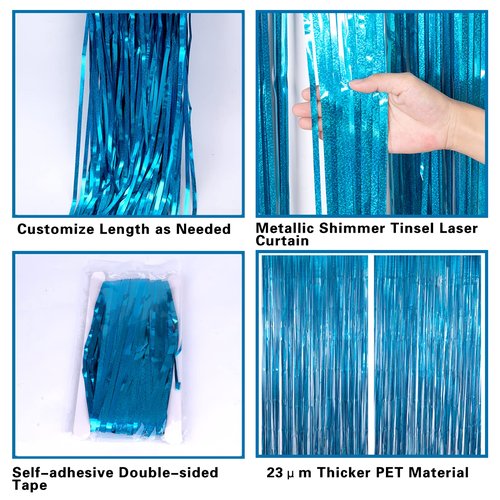 2 Pack 3.2ft x 8.2ft Blue Foil Fringe Curtains Photo Backdrop Party Decorations, Metallic Tinsel Foil Fringe Streamer Curtain for Party Door Wall Curtain Bachelorette Christmas New Year Decorations