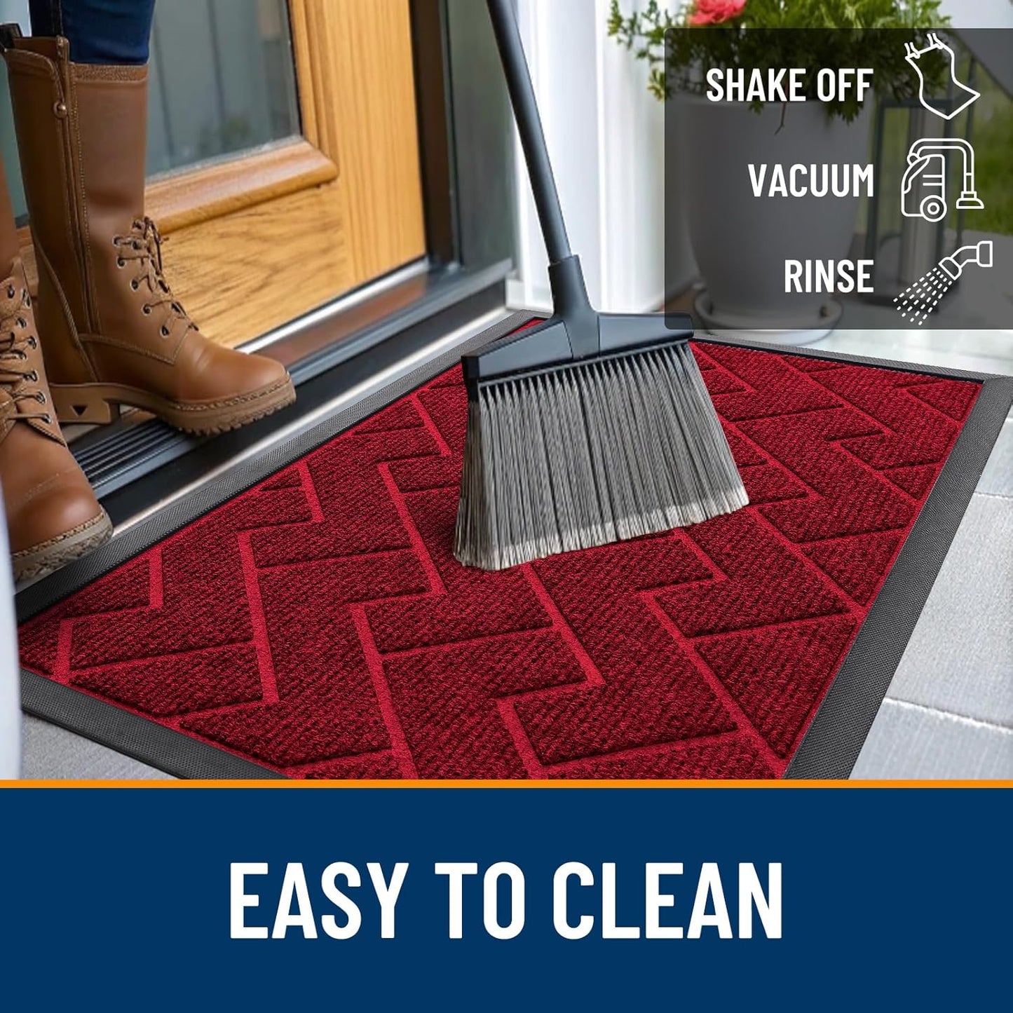OLANLY Waterproof Front Door Mat - All-Season Herringbone Design | Easy Clean Natural Rubber, Wine Red (47x17)