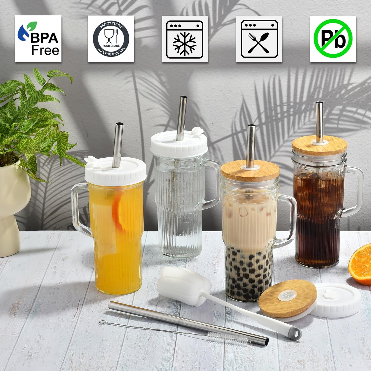 ALINK 24oz Ribbed Glass Cups with Bamboo Lids and Straws, 2-Pack Glass Tumbler with Handle, Reusable Iced Coffee Cups, Wide Mouth Mason Jar Boba Smoothie Cups, Drinking Glasses with 2 Brush