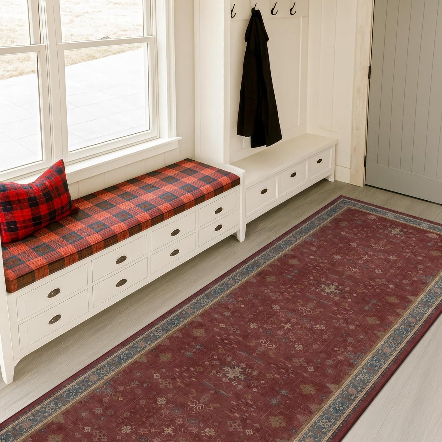 Skiennix Red 2x8 Long Hallway Runner Rug - Boho Washable Non-Skid Entryway Mat | Vintage Floral Design