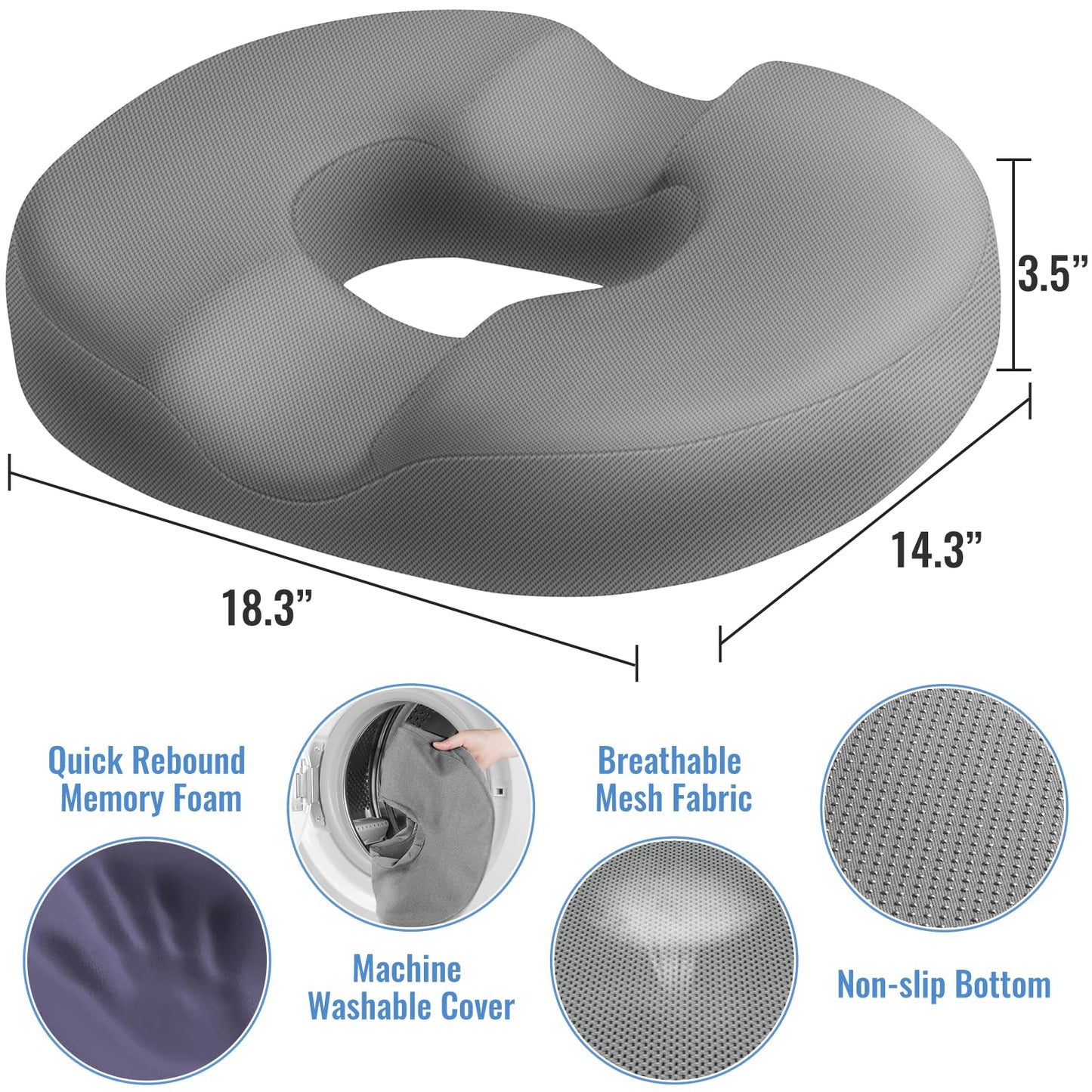 CloudBliss Donut Pillow Seat Cushion Chair Pad for Tailbone Pain Relief and Hemorrhoids, Memory Foam Seat Chair Cushion for Men and Women for Home & Office, (Light Grey-XL)