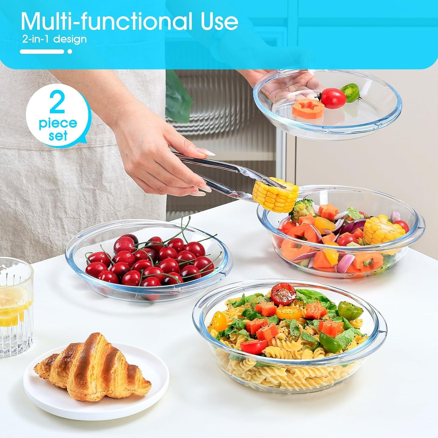 Skiennix 2-Piece Glass Casserole Dish Set - 1 Liter Round Oven Safe Bakeware with Lid & Handles