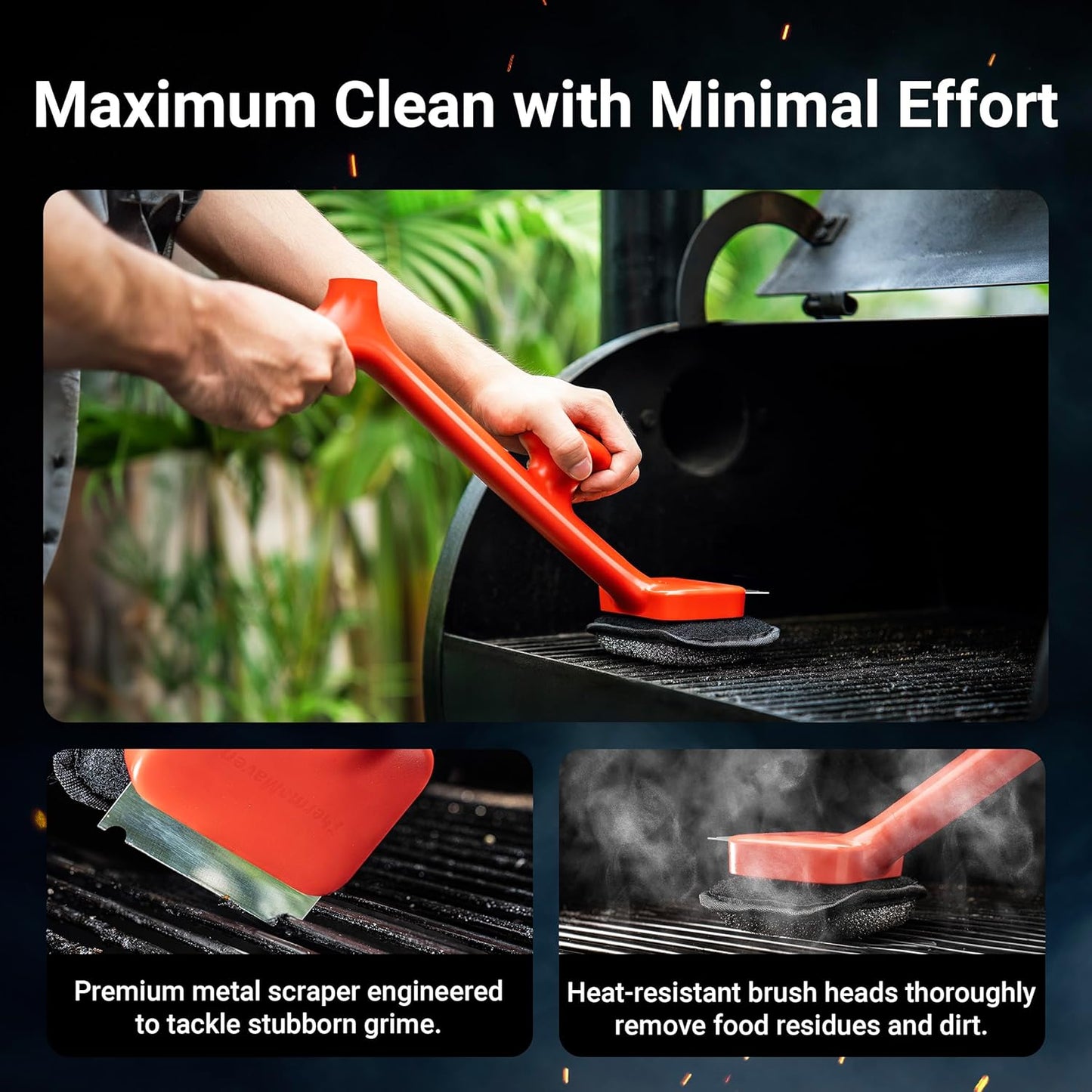 ThermoMaven BBQ Grill Brush - Bristle-Free Steam Cleaner for Quick Grease Removal - 17" Cool-Touch Handle & 3 Replaceable Heads