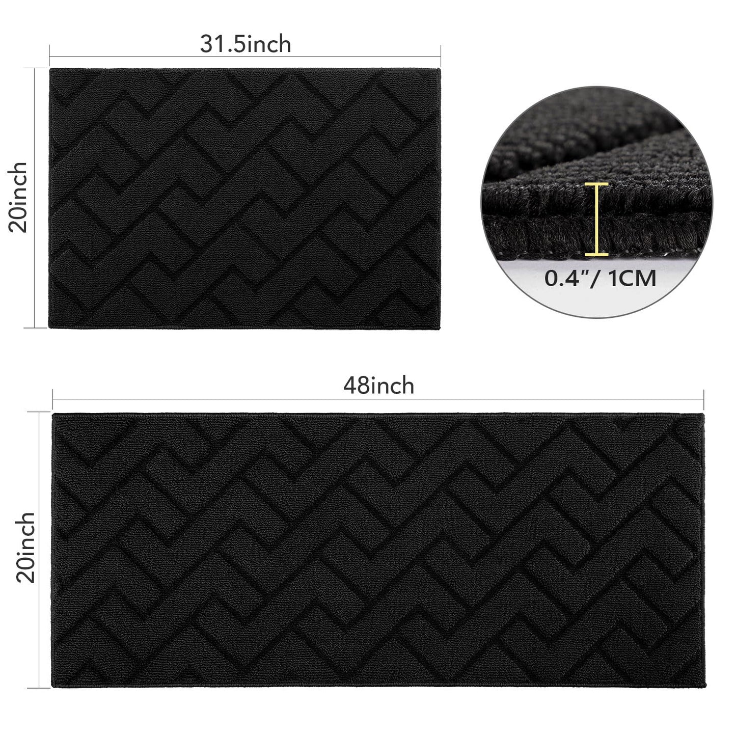hicorfe Kitchen Runner Rugs and Mats Sets,2 Pieces Absorbent Non-Slip Kitchen Rug,Comfort Kitchen Mat for Floor,Washable for Kitchen,Hallway,Office,Sink,Laundry(20"x48"+20"x32",Black)
