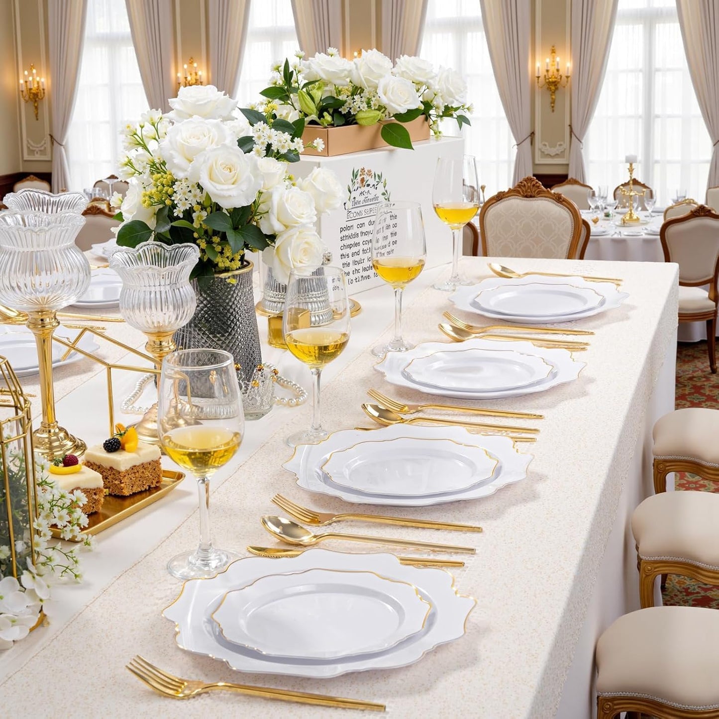 WDF 200PCS White and Gold Plastic Plates - Gold Plastic Plates - Include 100 Dinner & 100 Dessert Disposable Party Plate - Fancy Disposable Plate for Wedding/Baby Shower/Spring