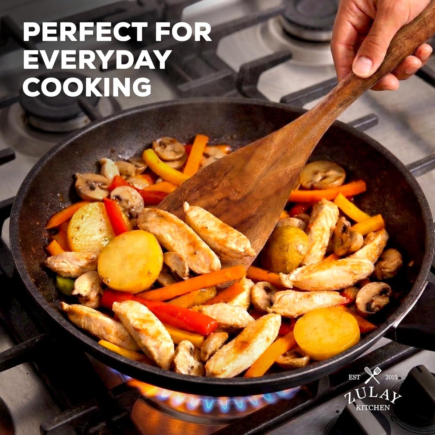 Zulay Kitchen 9-Piece Teak Wood Cooking Utensil Set - Non-Toxic, Non-Stick Wooden Spoons & Tools | Comfortable Grip & Smooth Finish