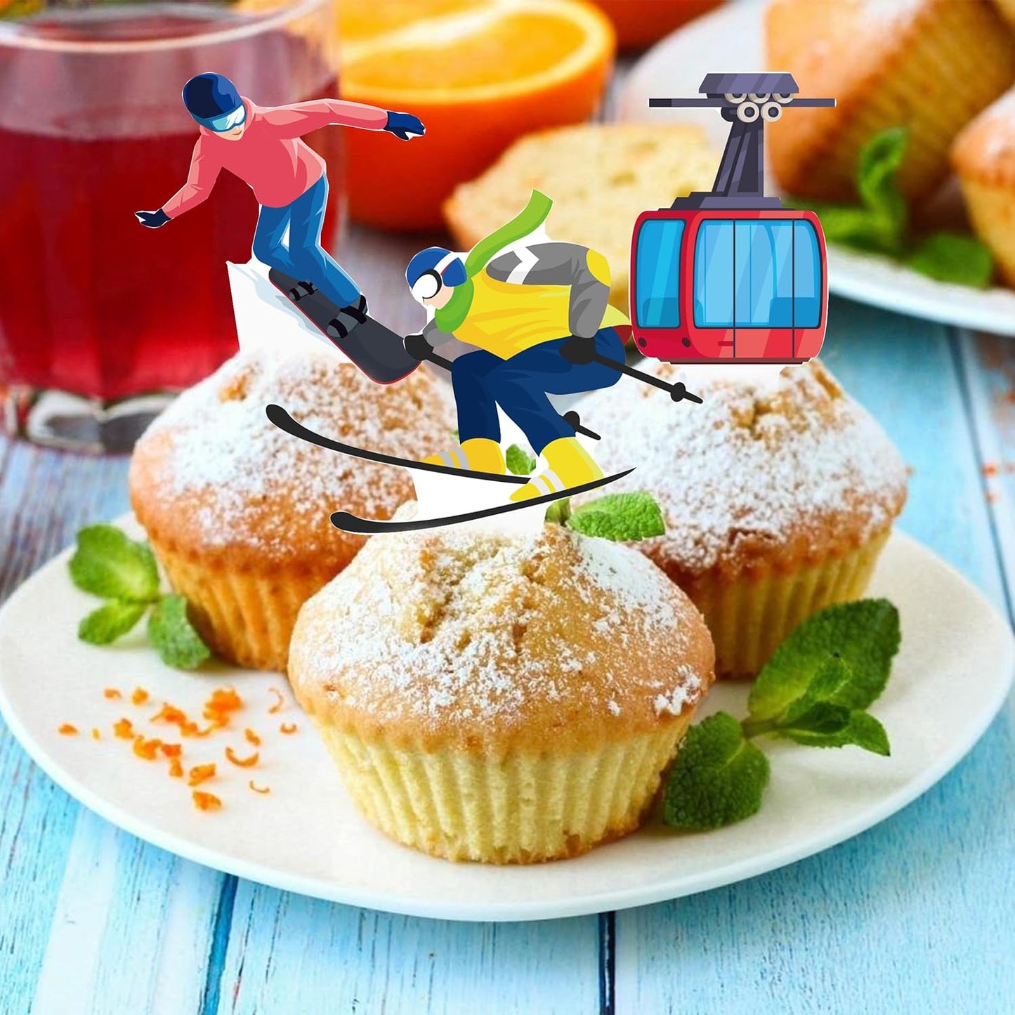 Skiennix Skiing Party Cupcake Toppers - 48 Pcs Winter Decorations for Birthday & Baby Showers