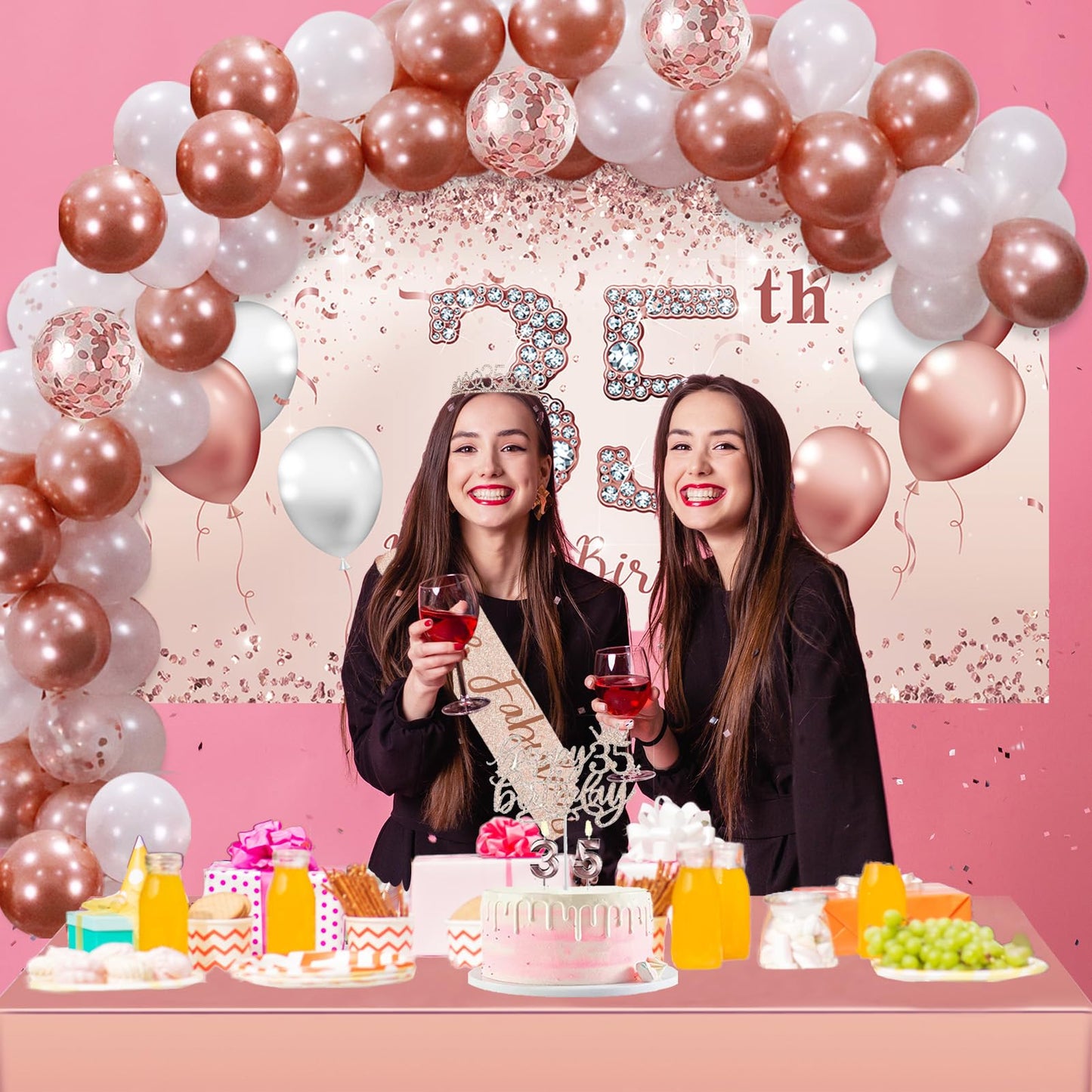 Trgowaul 24th Birthday Decorations Party Set for Women, Rose Gold 24th Banner and Tablecloth, 24 & Fabulous Sash and Tiara, Cake Topper, Pink Gold 24 Number Balloons