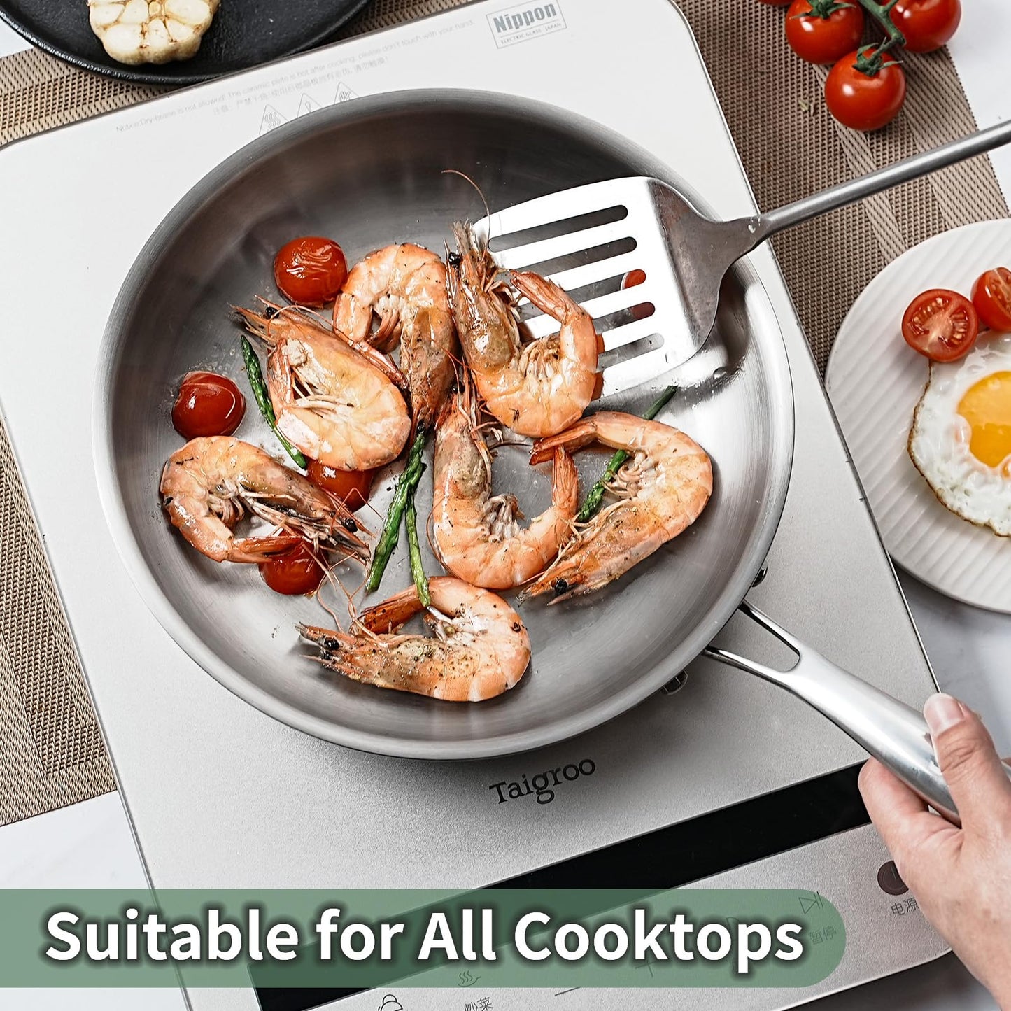 mopetta 10 inch Tri-Ply Stainless Steel Frying Pan,No Coatings PFOA&PTFE Free Skillets,Chef's Pans,Dishwasher and Oven Safe Cookware, Compatible with All Cooktops