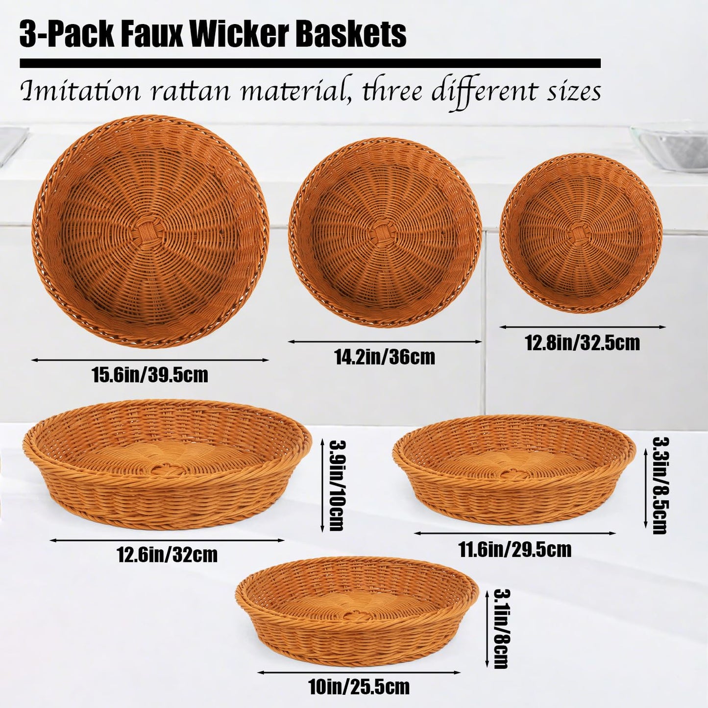 Round Wicker Basket, 3 Pack Rattan Food Serving Baskets Wicker Bread Basket For Fruit, Vegetables, Breakfast, Drinks, Snacks, Dining Coffee Table, 15.5, 13.8, 11.8 Inches (Brown)