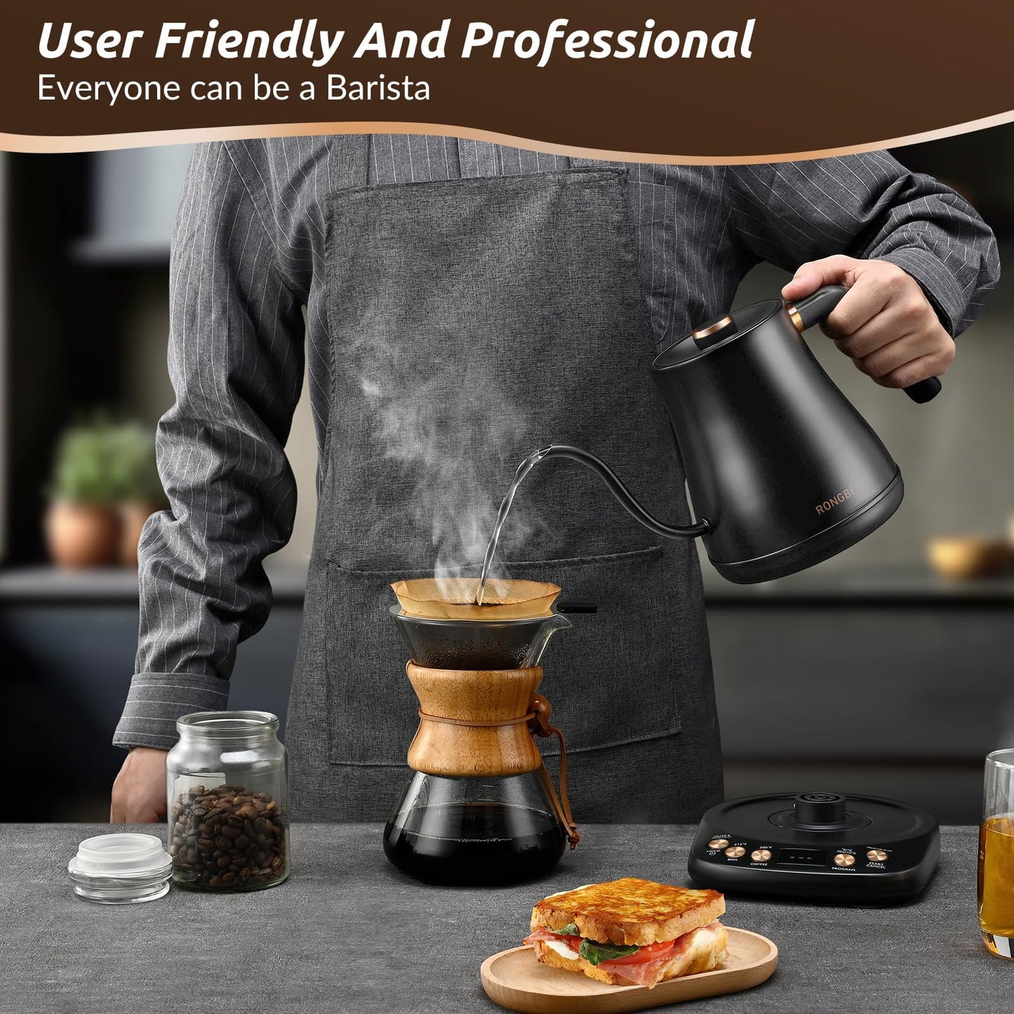 RONGBEST Electric Gooseneck Kettle 1L, 6 Temperature Presets, 1200W Quick Heating Water Pour Over Coffee & Tea Pot with Auto Shut-off & Keep-warm, Stainless Steel Inner & Lid, Matte Black