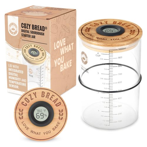 Cozy Bread® Digital Sourdough Starter Jar – 34oz Glass Fermentation Jar with Digital Temperature & Humidity Sensor | Perfect for Growing Sourdough Starter | USA Brand