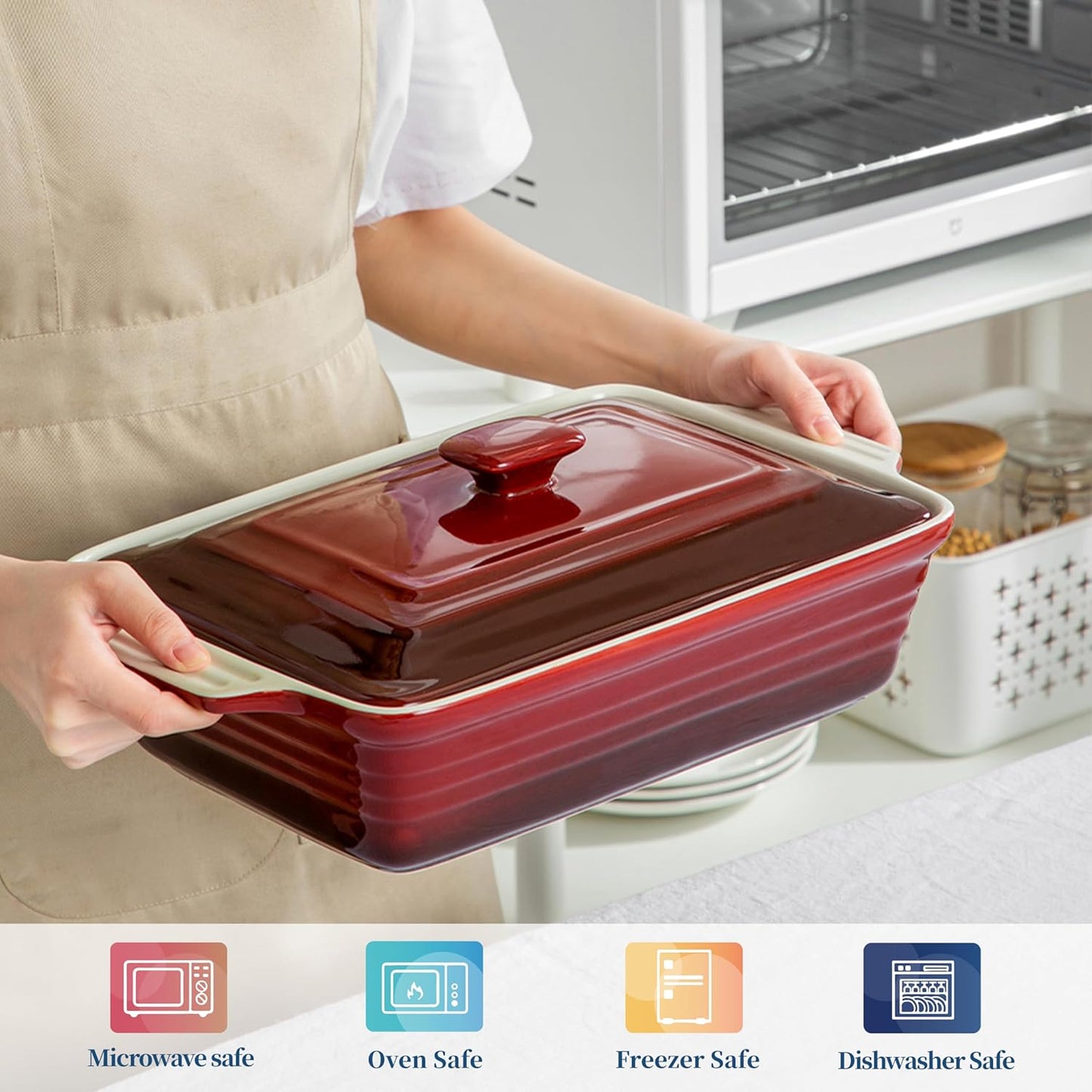 LOVECASA 4.5 Quart Ceramic Casserole Dish - Oven Safe Lasagna Pan with Lid & Handles | Gradient Red