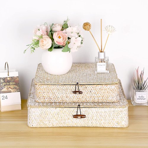 Hipiwe Wicker Storage Bins - Set of 2 Natural Seagrass Baskets with Lids | Multipurpose Home Organizer (Whitewash)