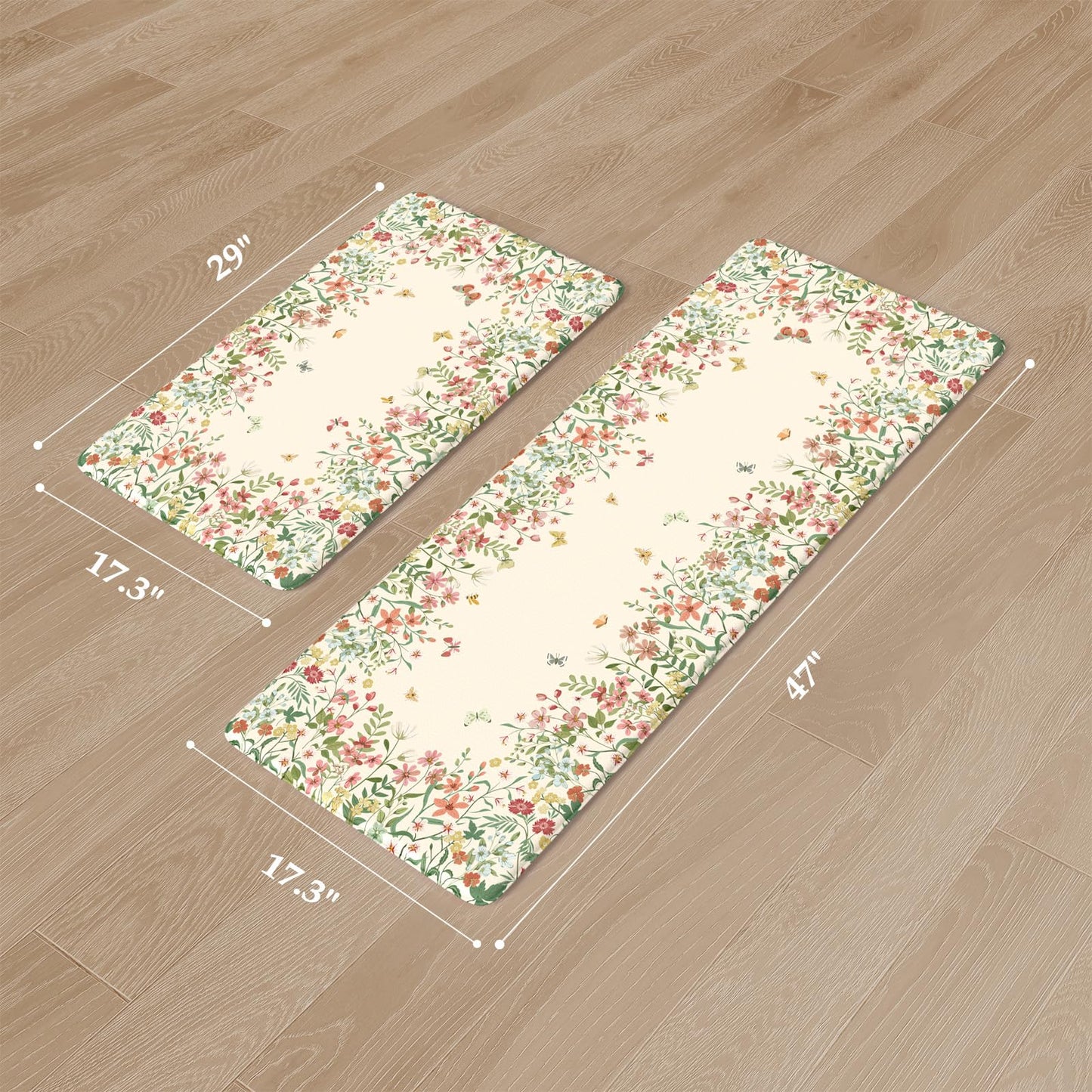 KIMODE Anti Fatigue Kitchen Mats for Floor 2 Piece, Cushioned Floral Kitchen Rugs, Memory Foam Kitchen Floor Mats, Summer Standing Desk Mats for Laundry Office Sink Beige 17"x47"+17"x29"