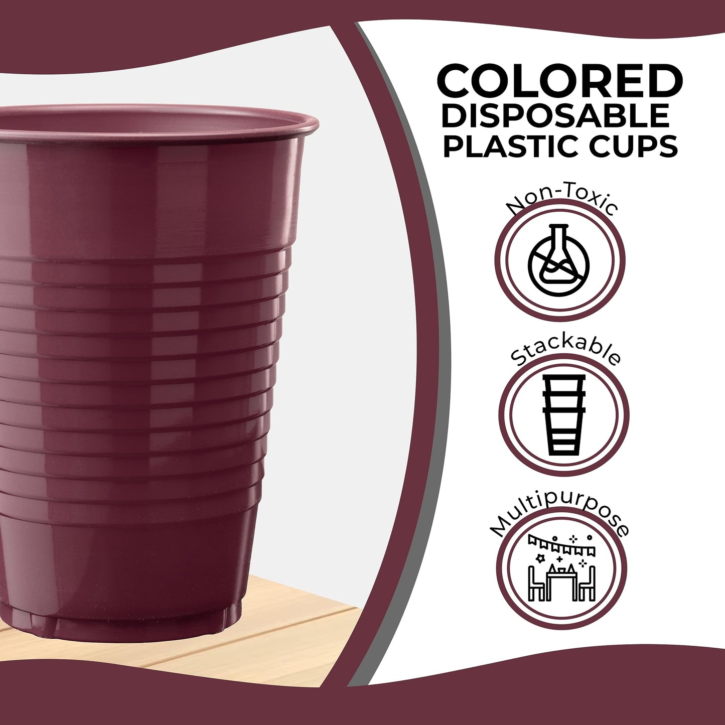 Party Solids Burgundy Plastic Cups - 12 oz, Pack Of 100