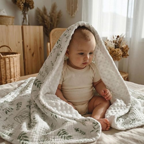 GLLQUEN Baby Blanket - Soft Muslin Cotton Front with Dotted Fleece Backing | Unisex Greenery Design, 30 x 40 Inches