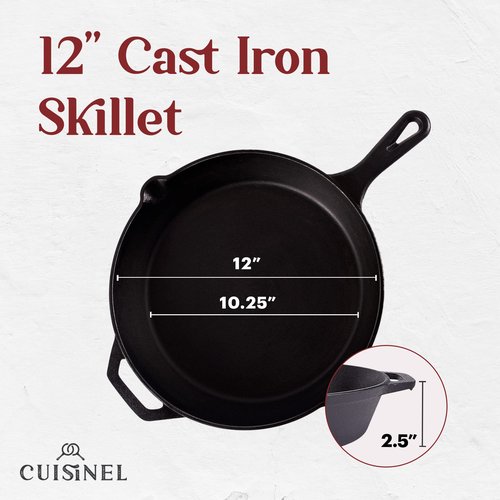 Cuisinel Cast Iron Skillet with Lid - 12"-Inch Frying Pan + Glass Cover + Silicone Handle Holder - PFAS and PFOA-free Pre-Seasoned Oven Safe Cookware - Indoor/Outdoor Use - Grill, BBQ, Fire, Stovetop