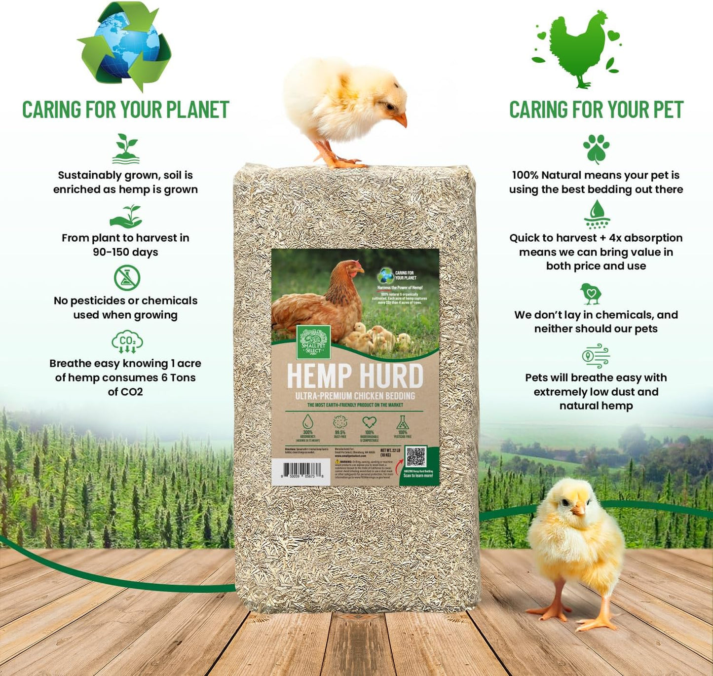 Small Pet Select - Jumbo Hemp HURD Chicken Bedding | Eco-Friendly, Biodegradable, 36 lb (Two 18 lb Bags)