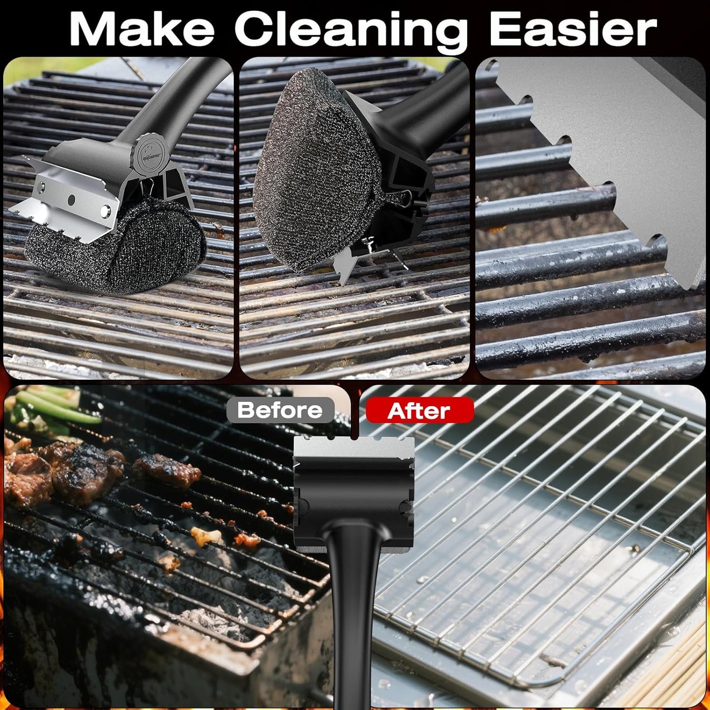 Skiennix Grill Brush - Replaceable Bristle-Free Design for Safe Cleaning | Ideal for Porcelain, Gas, Charcoal, and Cast Iron Grills - Black