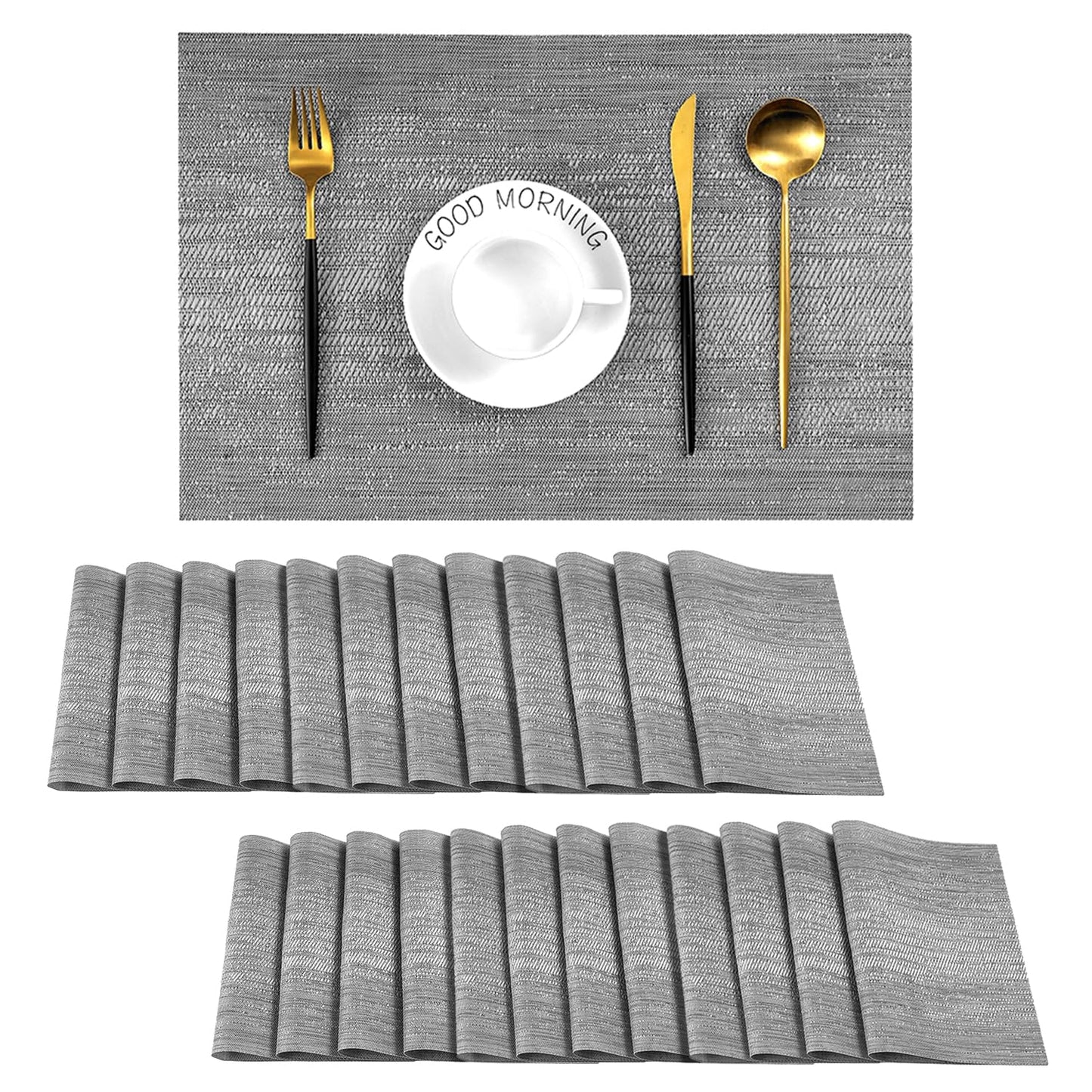 Leetaltree Grey Placemats, Heat Resistant Non-Slip Place mats for Dining Table, Washable Durable PVC Vinyl Woven Table Mats (Set of 24)