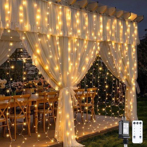 JMEXSUSS 900 LED Outdoor Curtain Lights - 9.5x29.5ft Twinkle String Lights with Remote | Warm White for Weddings & Decor