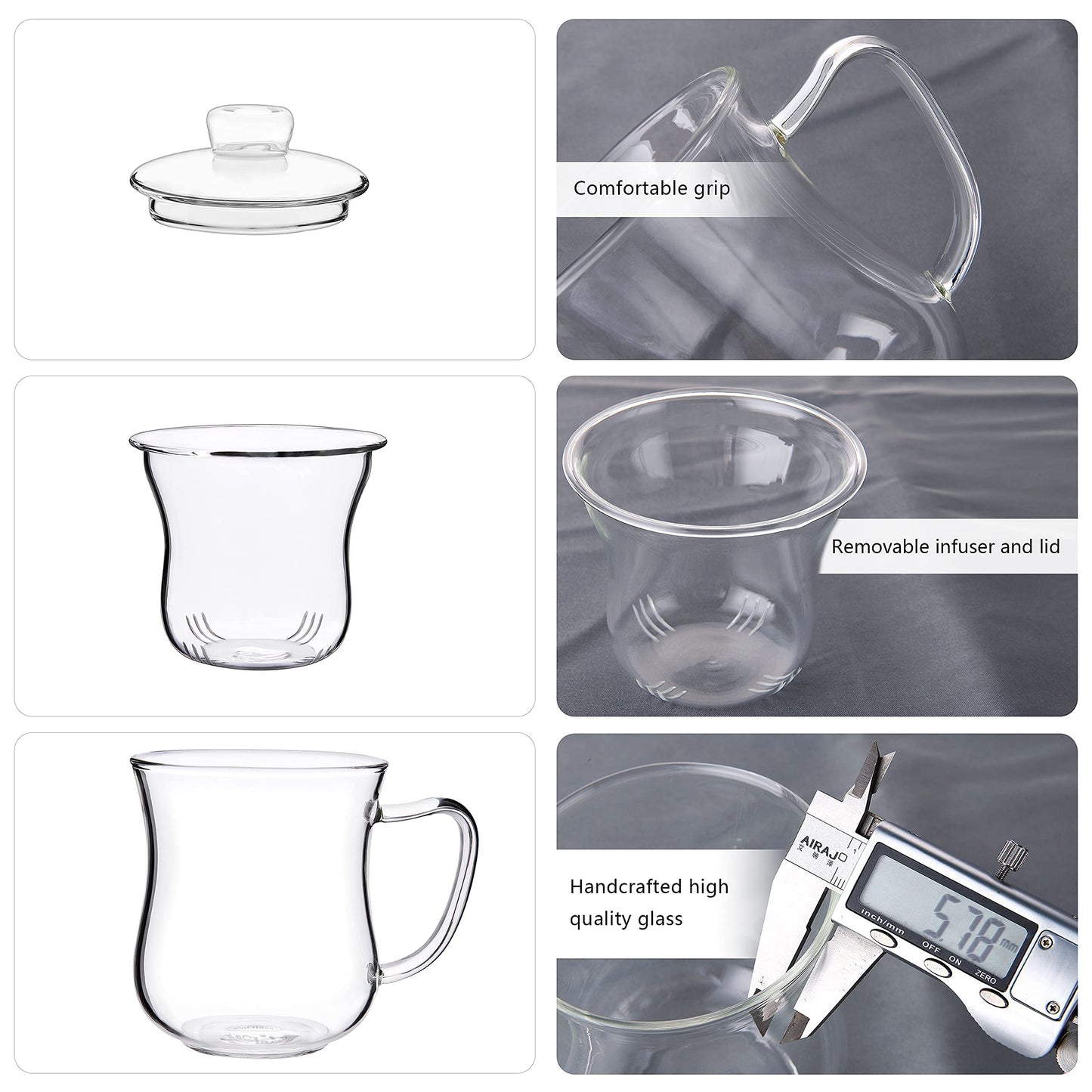 CNGLASS Glass Tea Cup with Removable Infuser and Lid,10oz Thickened Glass Infuser Mug,Borosilicate Glass Mug for Loose Leaf Tea,Teabags